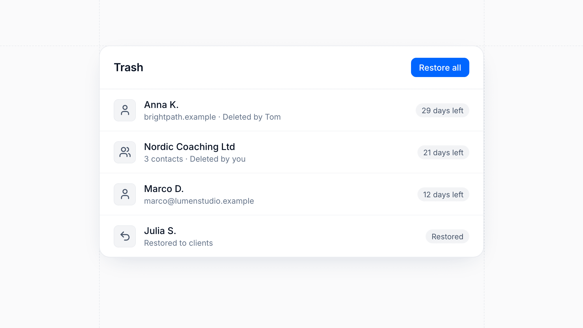Recover Deleted Clients from the Trash